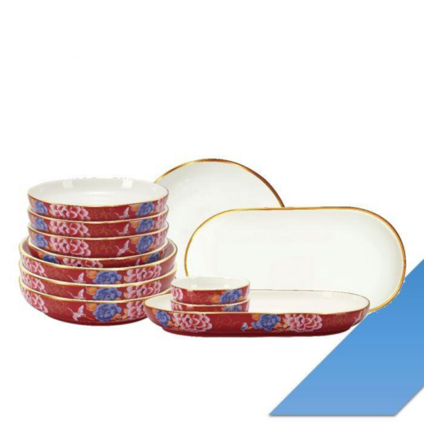 Second image of Color King 3636-12S-R Emperial Peony Plate Set With Golden Rim Red