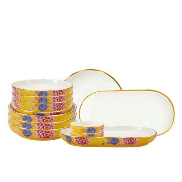 Color King 3636-12S-Y Emperial Peony Plate Set With Golden Rim Yellow