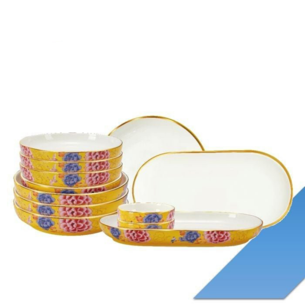 Second image of Color King 3636-12S-Y Emperial Peony Plate Set With Golden Rim Yellow