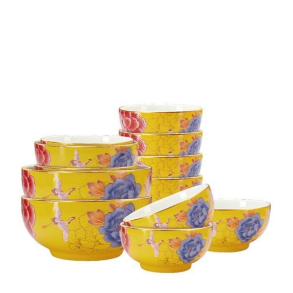 Color King 3637-12S-Y Emperial Peony Bowl Set With Golden Rim Yellow