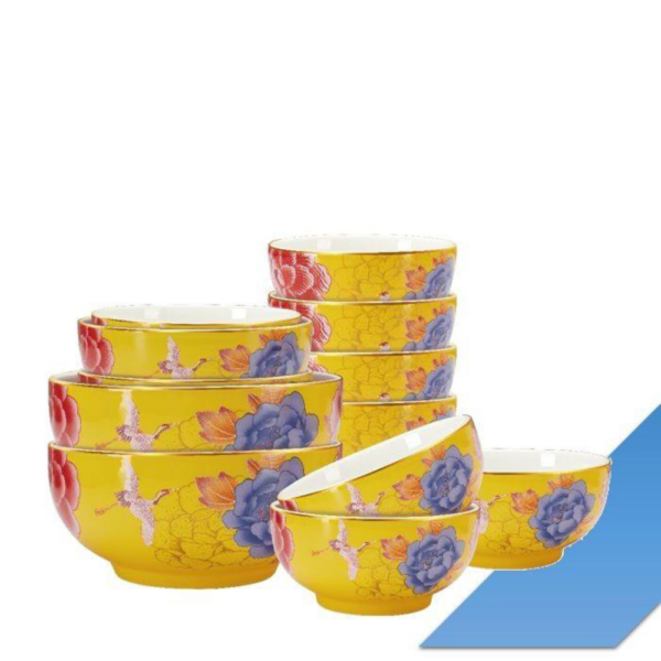 Second image of Color King 3637-12S-Y Emperial Peony Bowl Set With Golden Rim Yellow