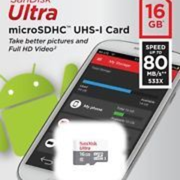 SANDISK ULTRA MIRCO SD CLASS 10 MEMORY CARD - 16GB (80MB)