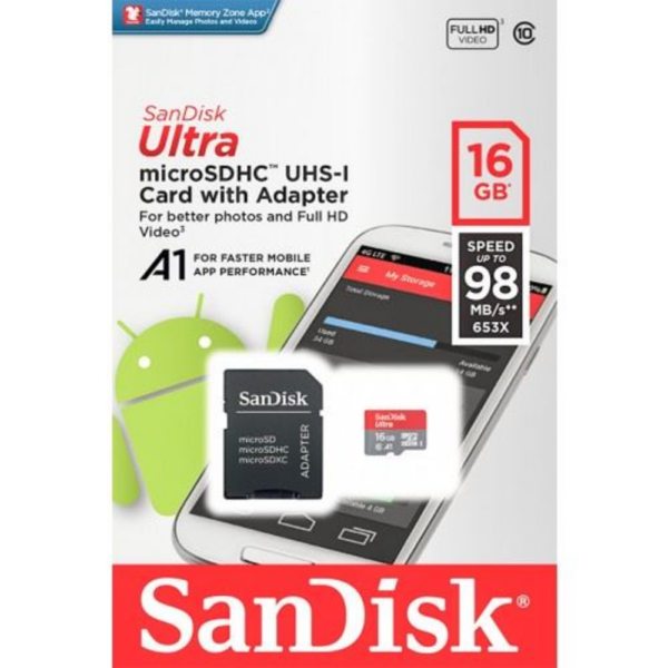 SANDISK ULTRA MIRCO SD CLASS 10 MEMORY CARD WITH ADAPTER - 16GB (98MB)