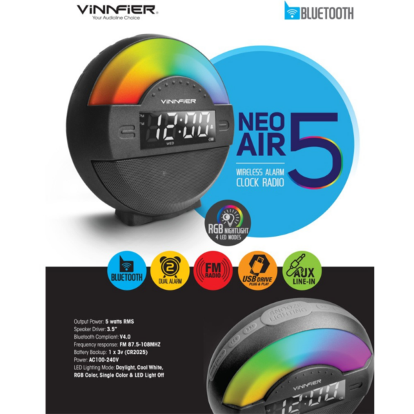 Second image of Vinnfier Neo Air 5 Multi Function Bluetooth Alarm Clock Portable Speaker Black